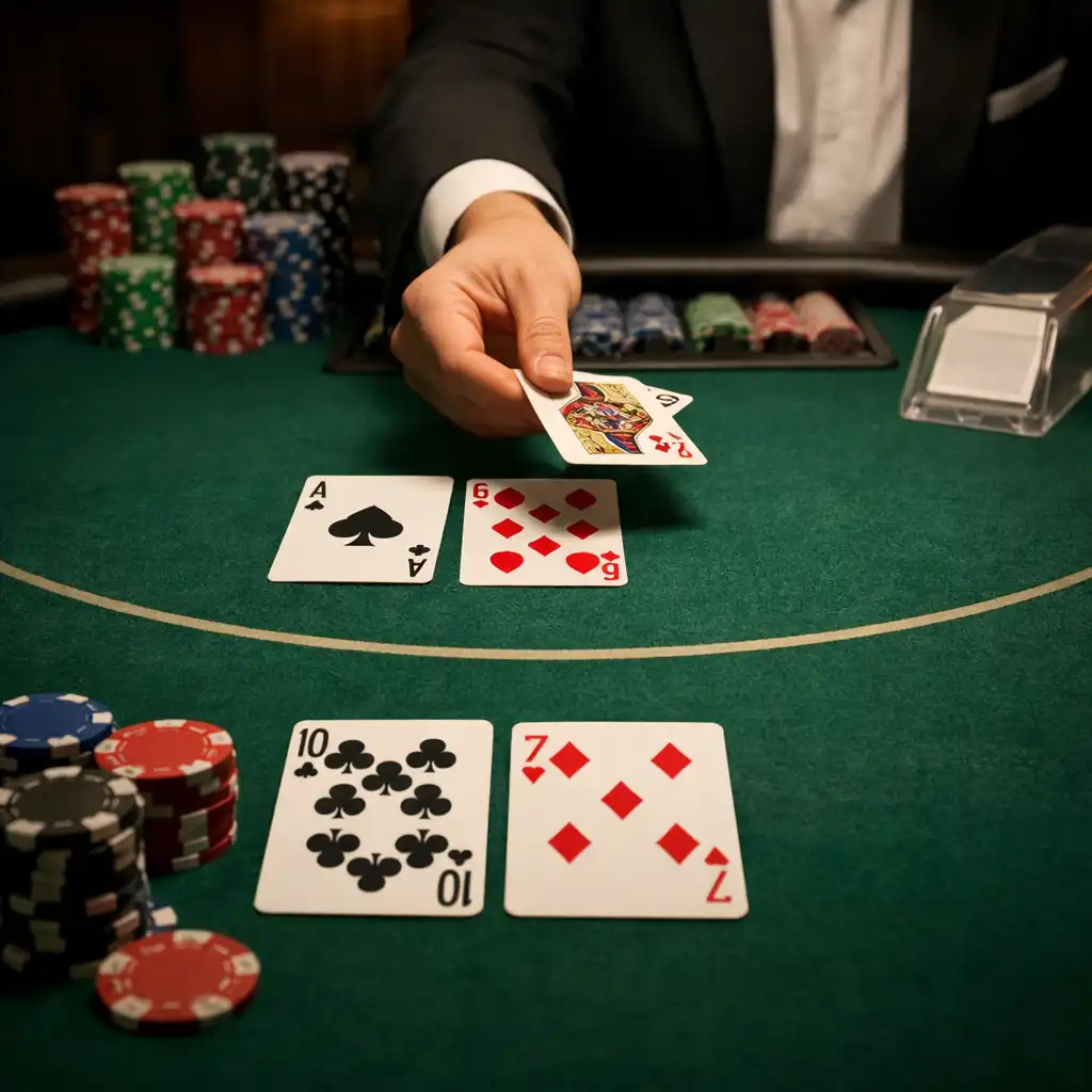 Stół do blackjacka z kartami i żetonami widziany z perspektywy gracza