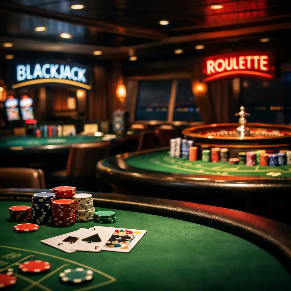 Stoły do pokera, ruletki i blackjacka w kasynie na pokładzie