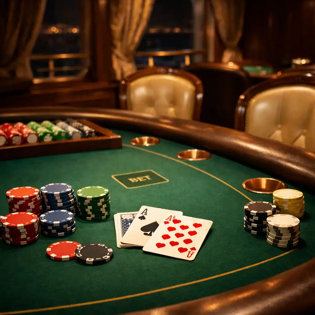 Stół pokerowy w kasynie na statku z zielonym suknem i żetonami