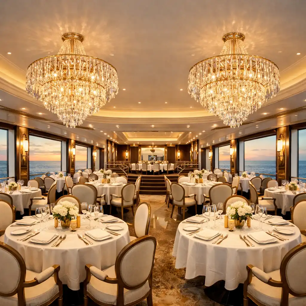 Elegancka restauracja Korona z nakrytymi stołami i panoramicznymi oknami