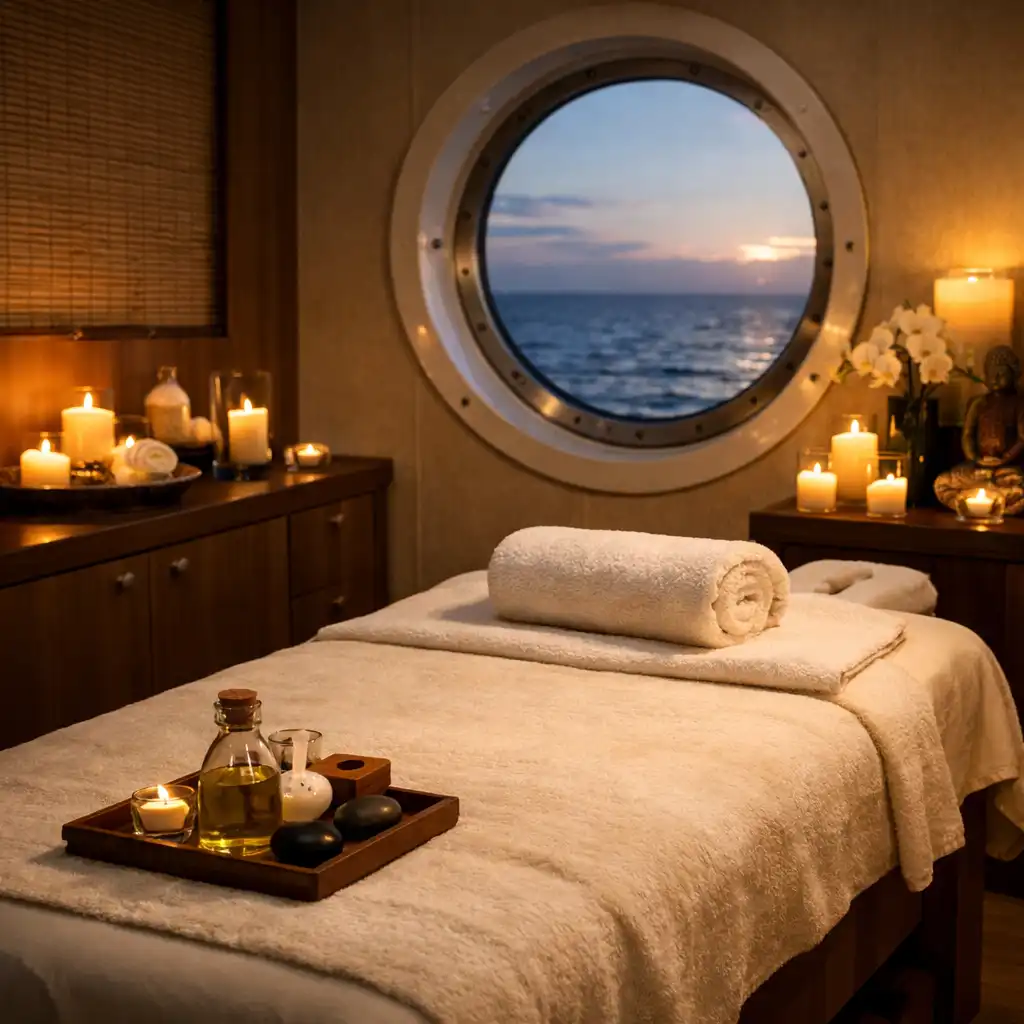 Strefa spa z łóżkiem do masażu, świecami i widokiem na ocean