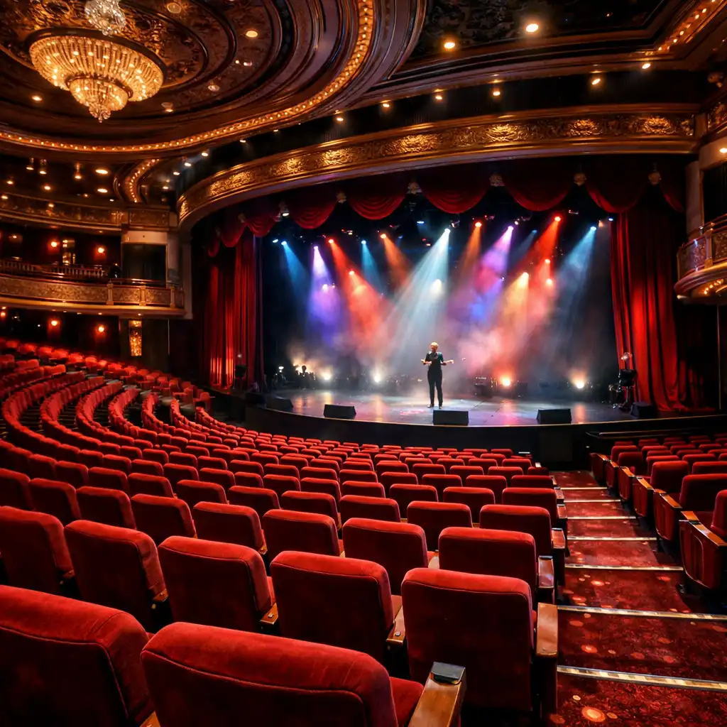 Teatr główny na statku z czerwonymi fotelami i oświetloną sceną