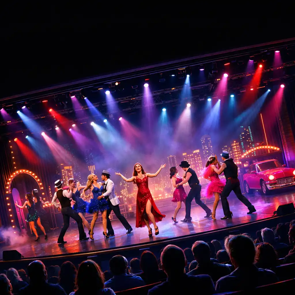 Scena teatralna na statku podczas wieczornego musicalu z kolorowymi reflektorami i tancerzami w ruchu